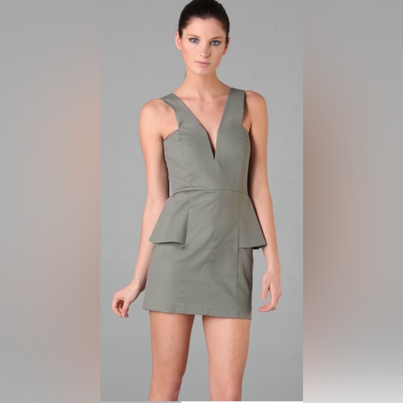 MICHELLE MASON | Designer Olive Green Mini Peplum dress - Picture 3 of 10